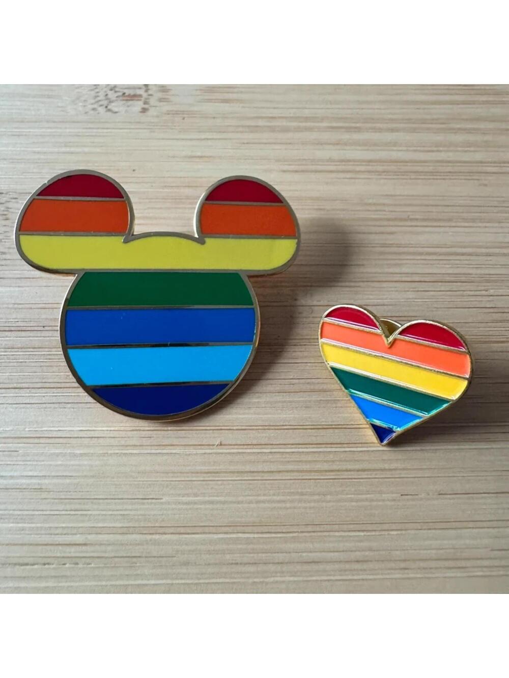 Disney Parks 2006 Rainbow Mickey Pride Pin & Heart Pin Set LGBTQ Enamel Pins
